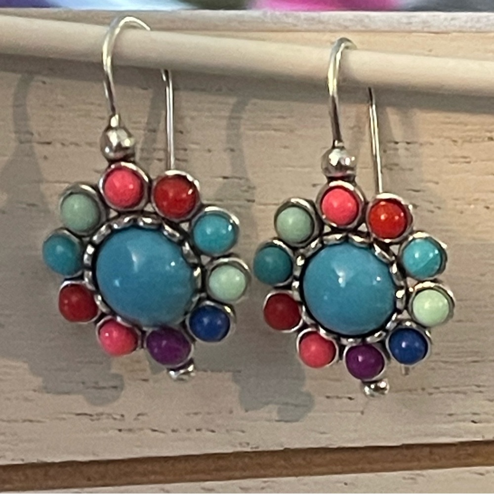 Mixed Stone Silvertone Pendant Bead Boho Turquoise Blue Colorful Dangle Earrings - Picture 3 of 7